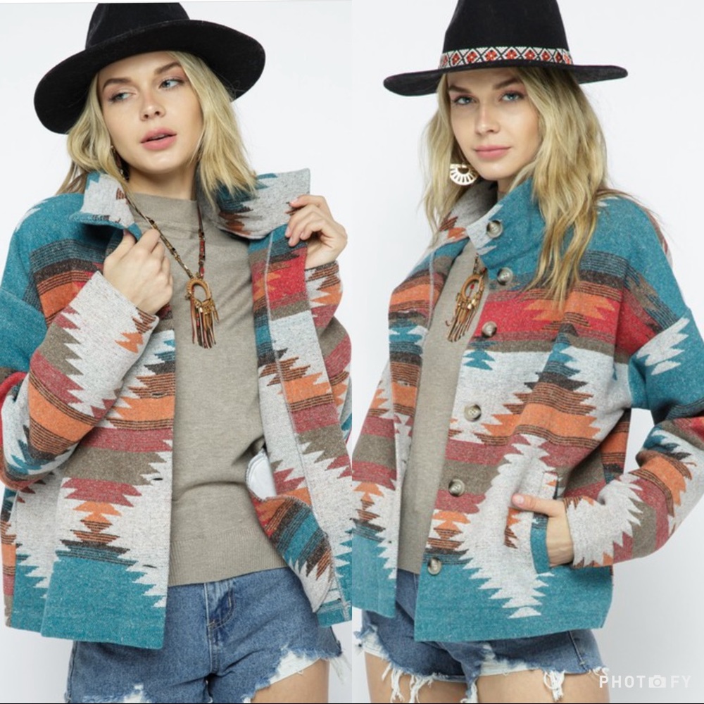 New Tribal Aztec Print Flannel Shacket Coat Jacket - Picture 3 of 11